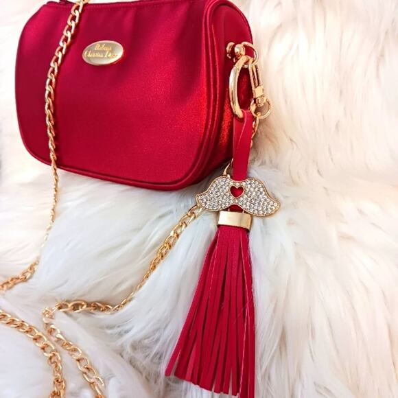 DIOR CROSSBODY Purse 6.5x4 Red Satin Beaute bag added Crystal Tassel Gold Chain - Picture 3 of 16